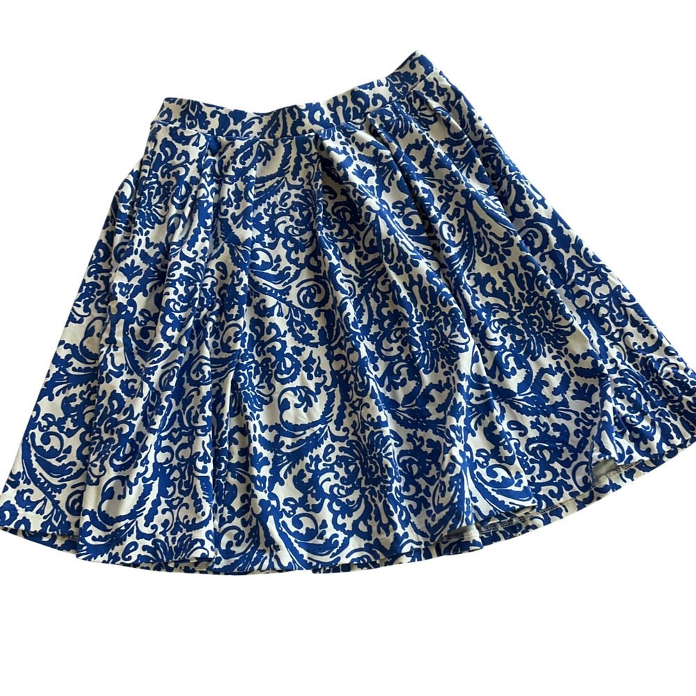 Adrienne Vittadini Pleated Skirt Women Small Blue White Damask A-Line Stretch